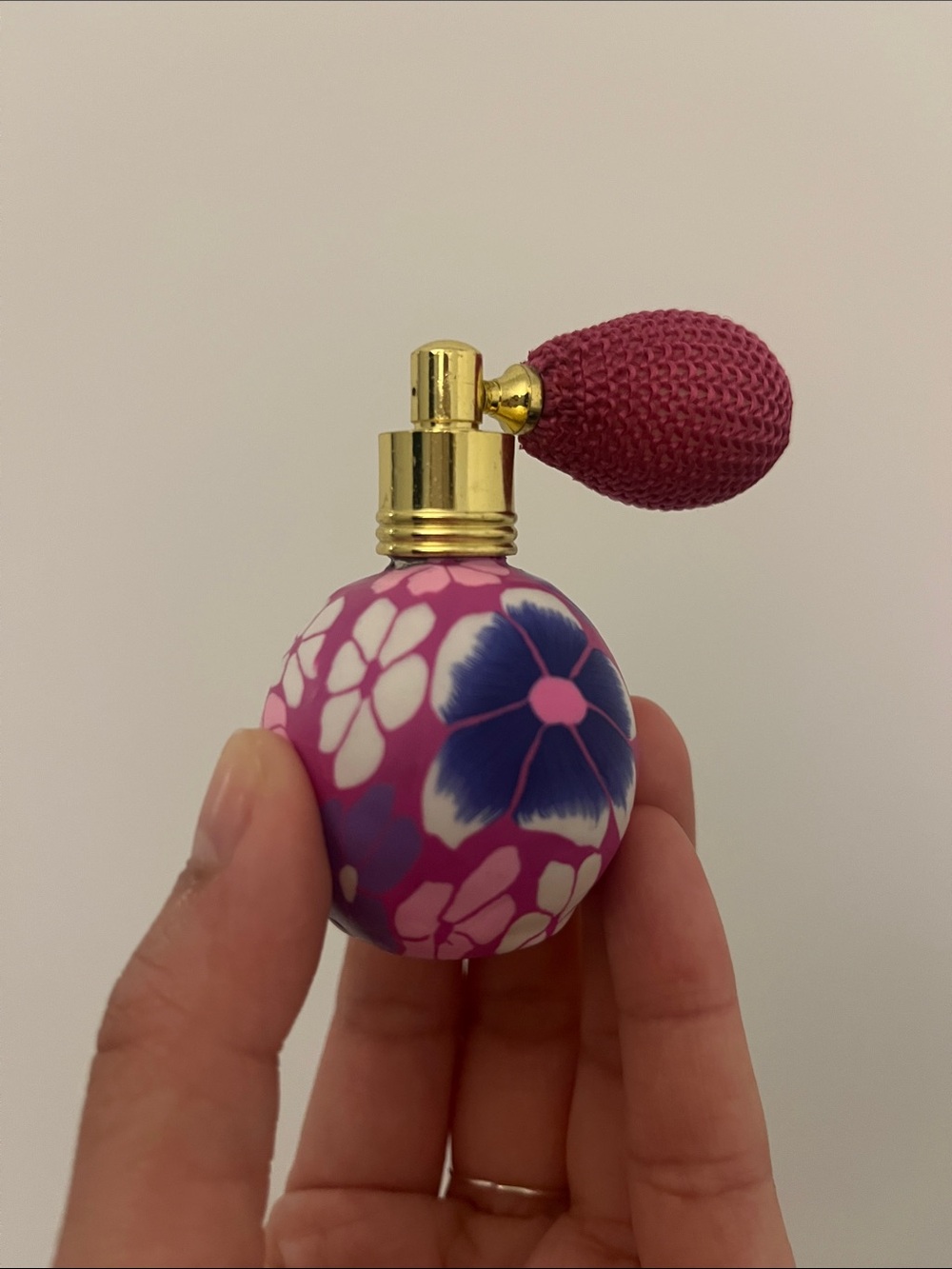 *From Spain* vintage floral purple, pink, blue and white atomizer perfume bottle